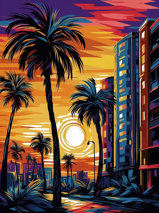 ▷ Palm-trees-in-the-city by Kosta Morr, 2025 | Acrylic Painting Budget