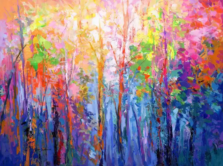 ▷ Abstract forest of colorful trees by Leon Devenice, 2025 | Acrylic Painting Save Now