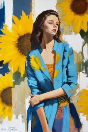 ▷ A portrait with sunflowers by Serghei Ghetiu, 2025 | Oil Painting for Sale Seasonal Sale