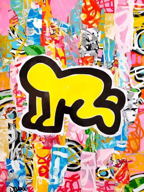 Don’t Miss Out ▷ Pop child yellow (a tribute to Haring) by Dr. Love, 2025 | Collage Painting