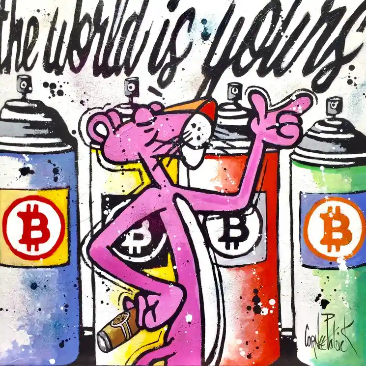 ▷ The Pink Panther is happy by Patrick Cornée, 2022 | Sequins Paintings Holiday Sale