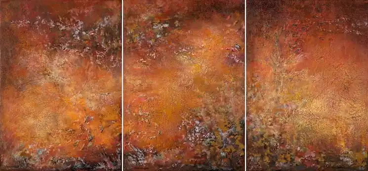 ▷ "Feu" semi abstrait triptyque acrylique sur lin70x150cm 2015 by Emmanuelle Vroelant, 2015 | Acrylic Painting Fast Shipping