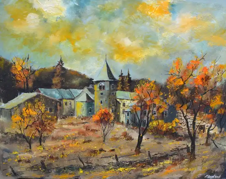 ▷ Old village in my countryside in autumn by Pol Ledent, 2025 | Oil Painting for Sale Factory Price
