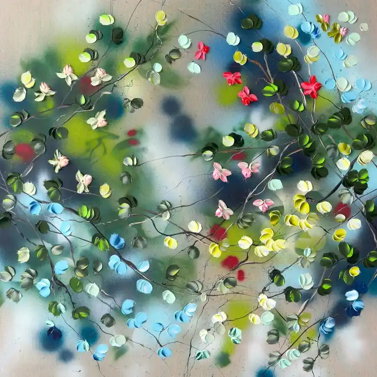 ▷ The Smell of Roses II - modern colorful floral artwork on linen canvas by Anastassia Skopp, 2025 | Mixed Media Painting Flash Sale