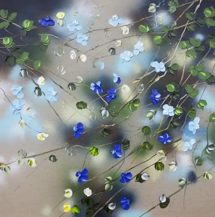 ▷ Ikebana I - blue impressionistic roses on linen by Anastassia Skopp, 2024 | Mixed Media Painting Best Price