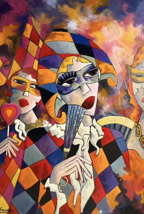 ▷ Arlequin et ses convives by Martine Fauve Dechavanne, 2022 | Acrylic Painting Must Have