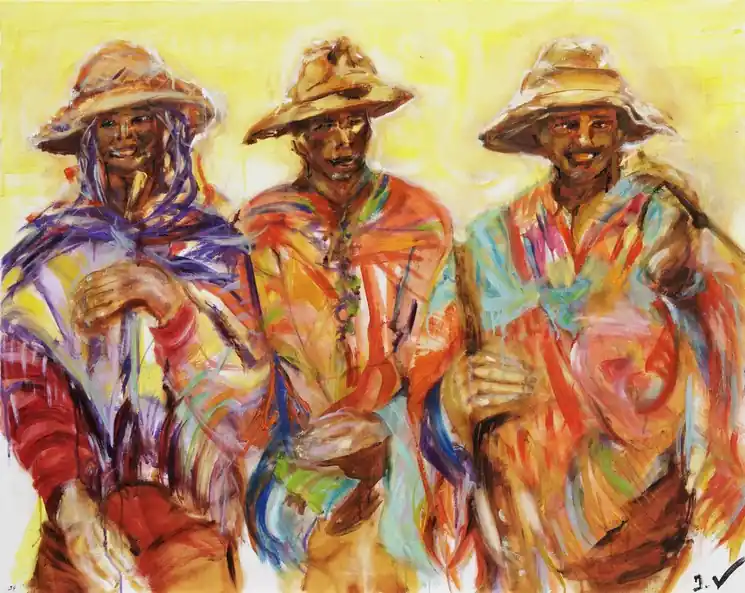 ▷ Les 3 compères 2 - L'Humain au coeur de l'Amérique Latine by Isabelle Verdenne, 2020 | Oil Painting for Sale Seasonal Sale
