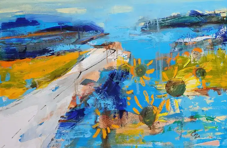Weekend Sale ▷ Sky and flowers by Victoria Cozmolici, 2022 | Oil Painting for Sale