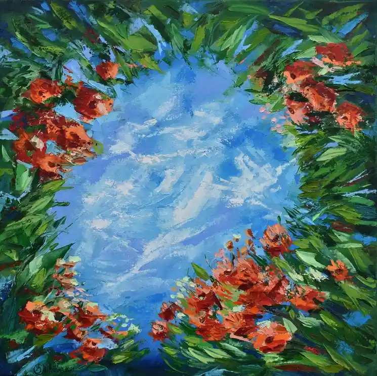 ▷ Flowers Painting African Tree Pohutukawa by Olga Nikitina, 2021 | Palette knife painting Handmade