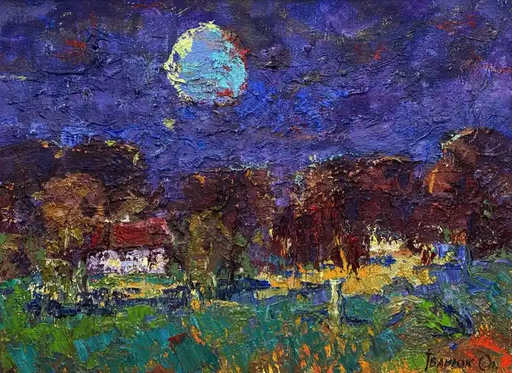 Flash Sale ▷ Moonlit Night in the Village by Ivanyuk Oleksiy, 2023 | Oil Painting for Sale