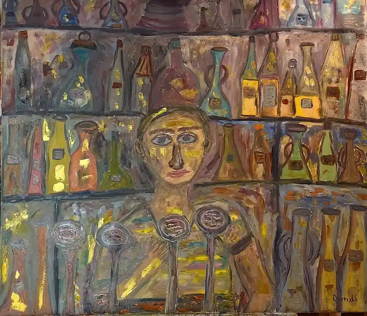 ▷ The Bartender by Dondi Schwartz, 2025 | Oil Painting for Sale Cheap