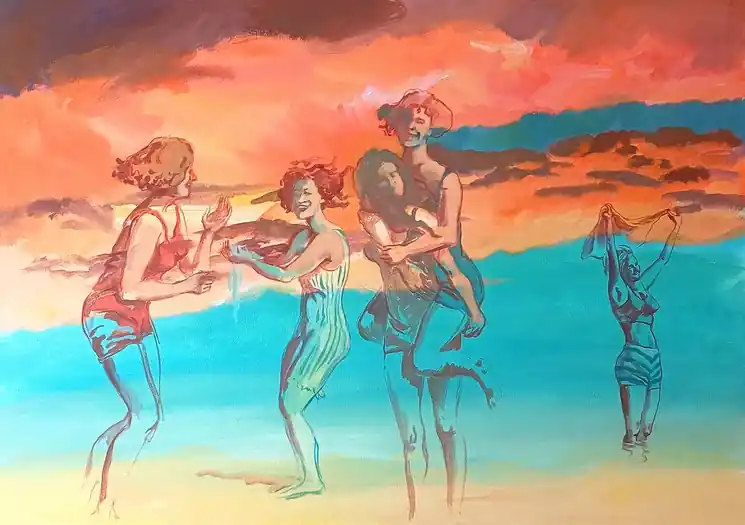 ▷ Playing Girls and Sunset Clouds by Marina Lukianova, 2025 | Acrylic Painting Fan Favorite