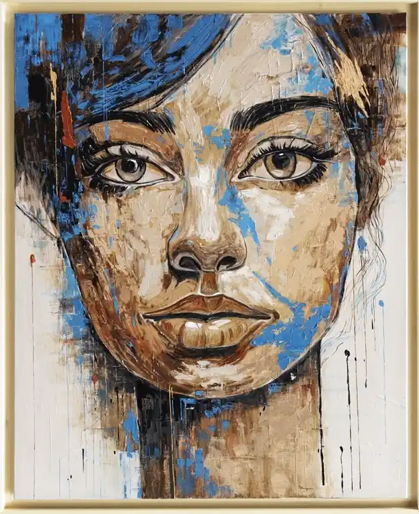 Mega Sale ▷ Portrait d'une jeune fille moderne - série portrait beige et bleu by Jair Marques Herculano, 2025 | Oil Painting for Sale