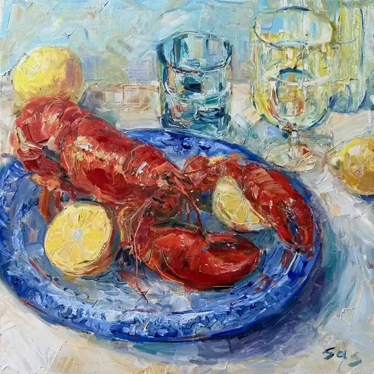 ▷ Still life with lobster by Liubou Sas, 2025 | Oil Painting for Sale Original