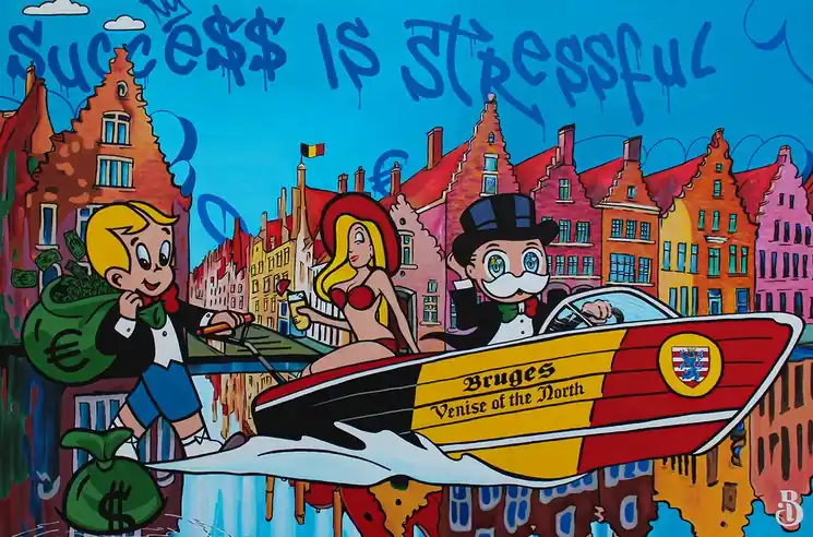 Same Day Shipping ▷ Success is Stressful - Mr. Monopoly & Richie Rich in Bruges by Belart Collective, 2022 | Acrylic Painting