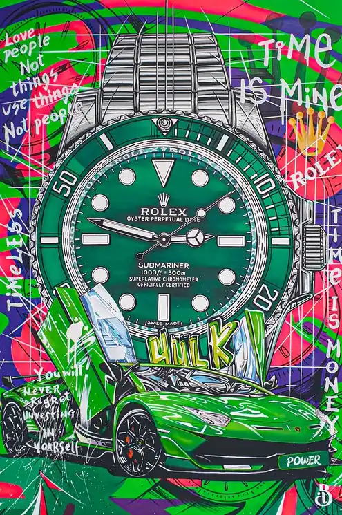 ▷ The Green Power - Rolex Hulk Submariner - Lamborghini Aventador by Belart Collective, 2022 | Acrylic Painting Big Sale