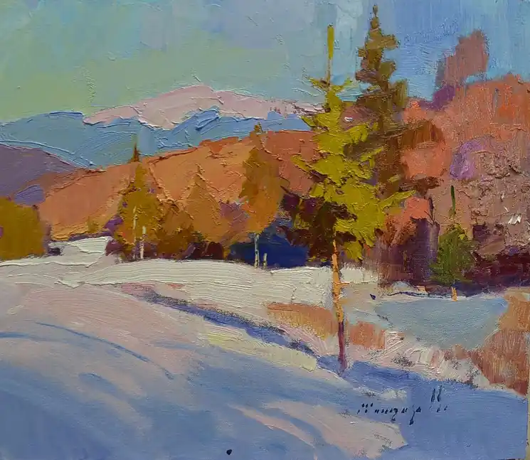 ▷ Winter landscape _ oil on canvas on cardboard by Alexander Shandor, 2022 | Oil Painting for Sale Reduced Price