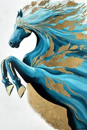 ▷ A turquoise horse strikes with a golden hoof by Iryna Kobzar, 2024 | Acrylic Painting Top Rated
