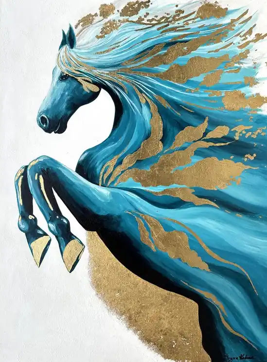 ▷ A turquoise horse strikes with a golden hoof by Iryna Kobzar, 2024 | Acrylic Painting Top Rated