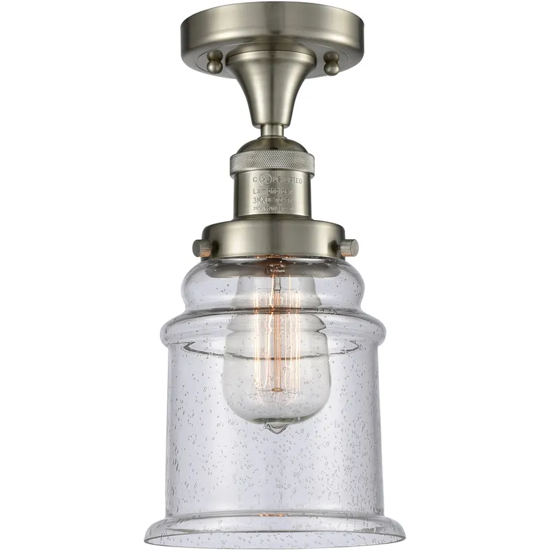 Trending Franklin Restoration Canton LED 6 inch Brushed Satin Nickel Semi-Flush Mount Ceiling Light in Seedy Glass, Franklin Restoration