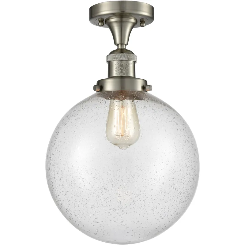 Shop Now Franklin Restoration X-Large Beacon LED 10 inch Brushed Satin Nickel Semi-Flush Mount Ceiling Light in Seedy Glass, Franklin Restoration