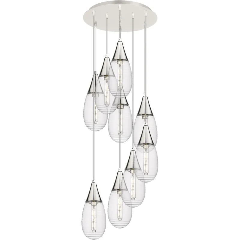 Order Now Malone 9 Light 20.13 inch Polished Nickel Multi Pendant Ceiling Light in Striped Clear Glass