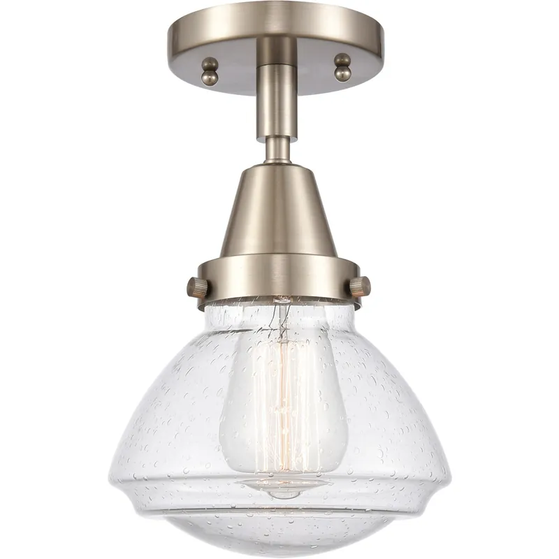 Money Back Guarantee Franklin Restoration Olean 1 Light 7 inch Brushed Satin Nickel Flush Mount Ceiling Light in Seedy Glass