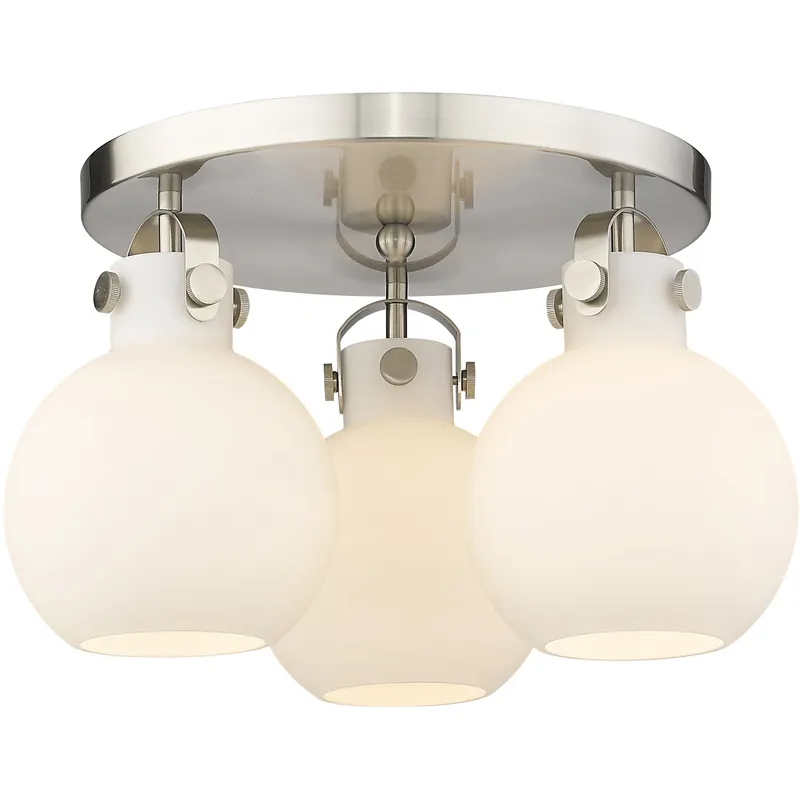 Order Now Newton Sphere 3 Light 19.63 inch Satin Nickel Flush Mount Ceiling Light in Matte White Glass