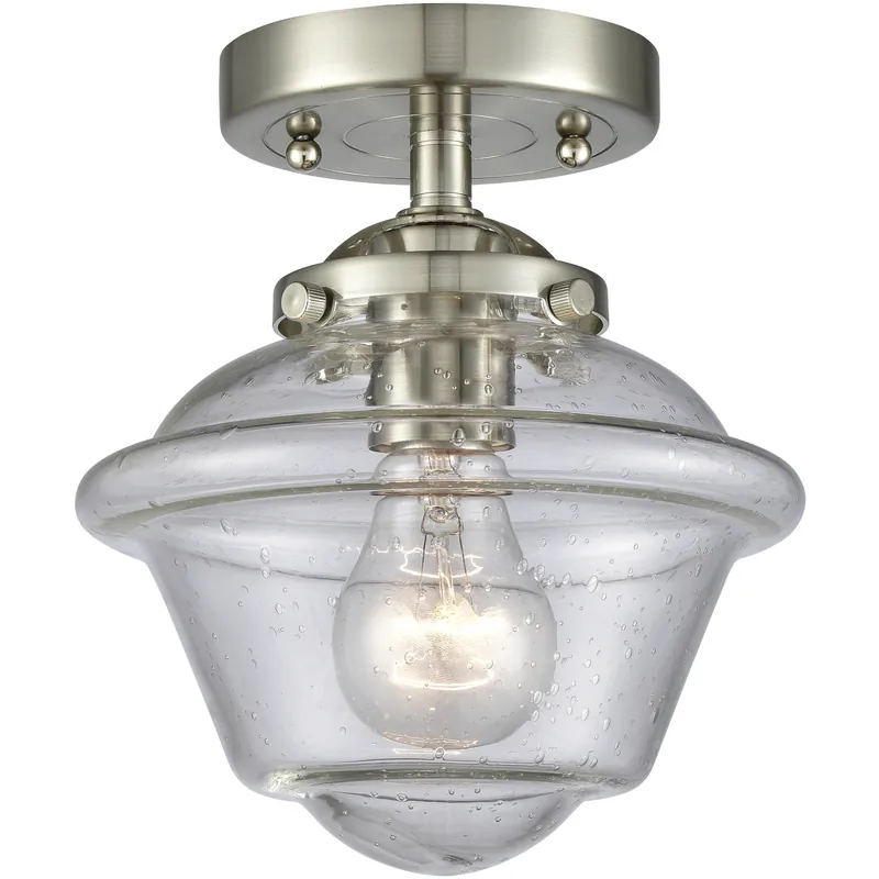 Nouveau Small Oxford 1 Light 8 inch Brushed Satin Nickel Semi-Flush Mount Ceiling Light in Seedy Glass, Nouveau Fresh Stock