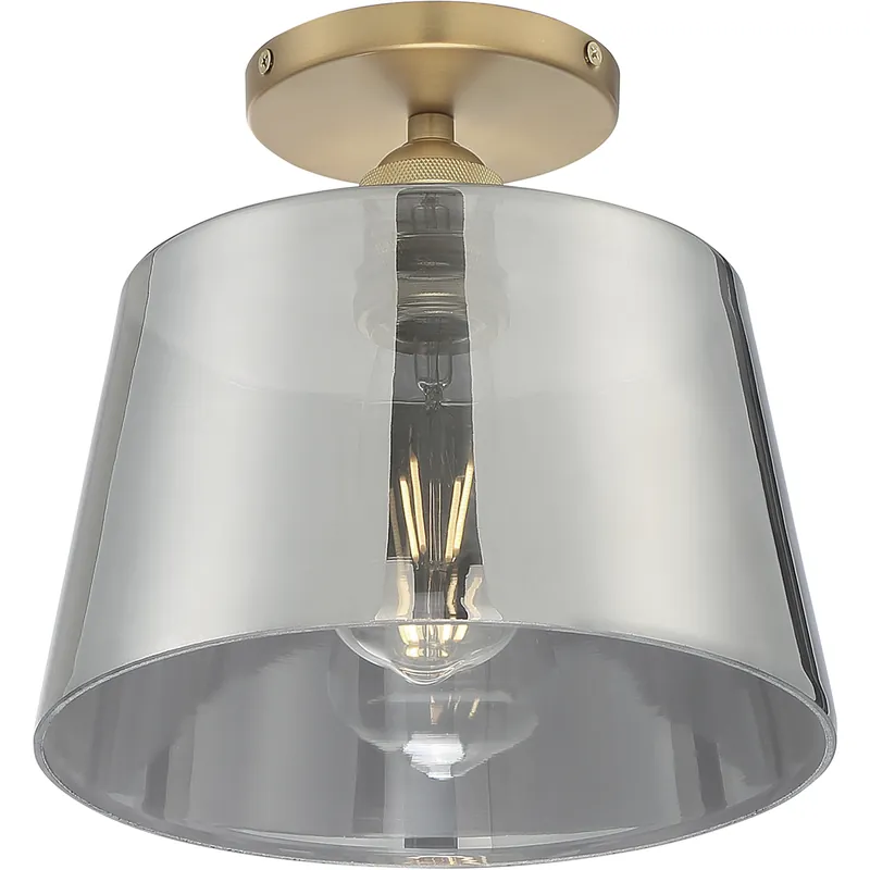 Motif 1 Light 10 inch Brushed Brass and Smoked Glass Semi Flush Mount Fixture Ceiling Light Best Choice