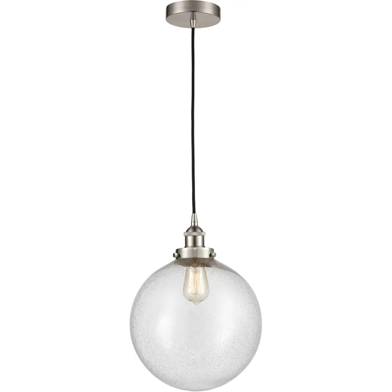 Affordable Edison Beacon LED 12 inch Brushed Satin Nickel Mini Pendant Ceiling Light in Seedy Glass