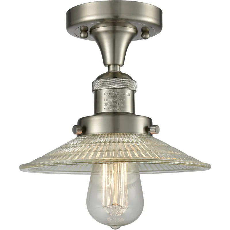 Franklin Restoration Halophane LED 9 inch Brushed Satin Nickel Semi-Flush Mount Ceiling Light in Clear Halophane Glass, Franklin Restoration Luxury