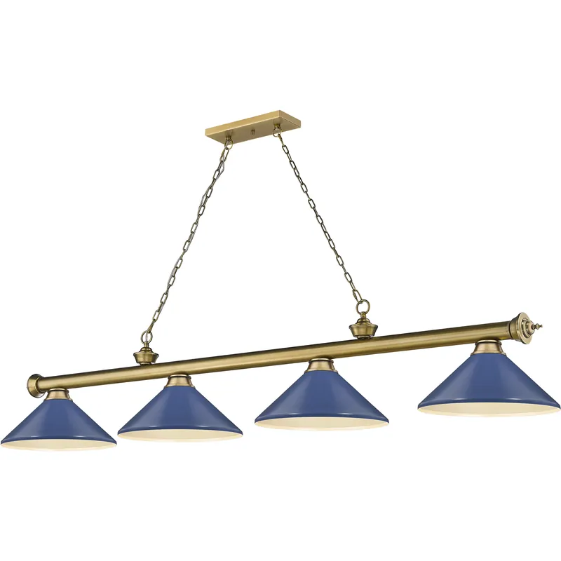 Cordon 4 Light 81.75 inch Rubbed Brass Billiard Ceiling Light in Navy Blue Steel Order Now