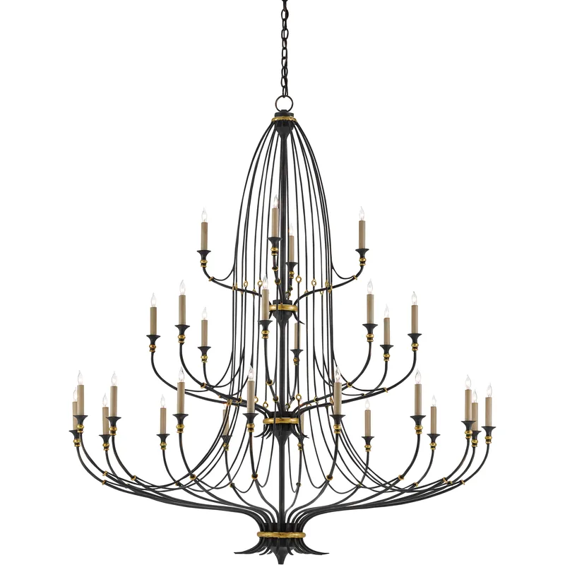 Folgate 28 Light 56.5 inch French Black/Gold Leaf Chandelier Ceiling Light, Grande Limited Offer