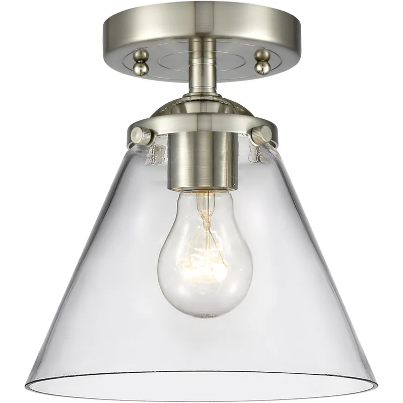 Special Discount Nouveau Large Cone 1 Light 8 inch Brushed Satin Nickel Semi-Flush Mount Ceiling Light in Clear Glass, Nouveau