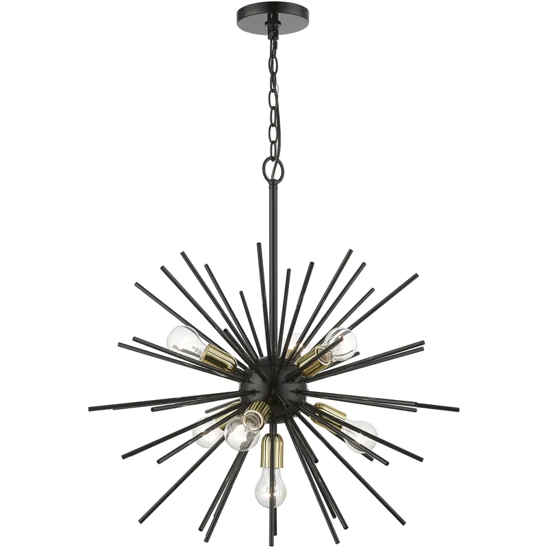 Authentic Tribeca 7 Light 25 inch Shiny Black with Polished Brass Accents Pendant Chandelier Ceiling Light