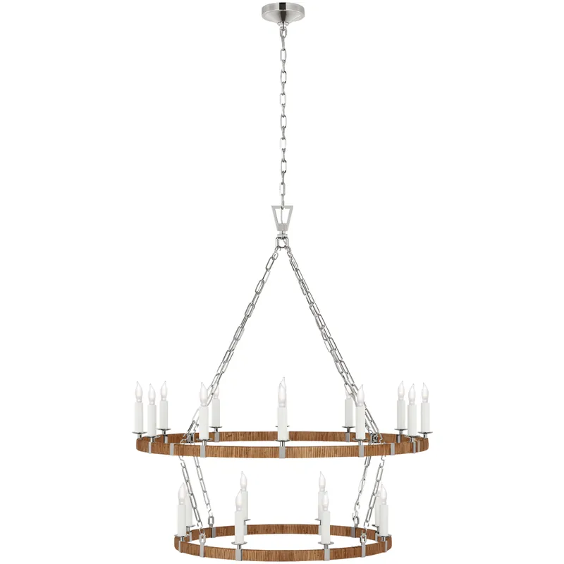 Editor’s Pick Chapman & Myers Darlana Wrapped LED 39.25 inch Polished Nickel and Natural Rattan Two Tier Chandelier Ceiling Light, Large