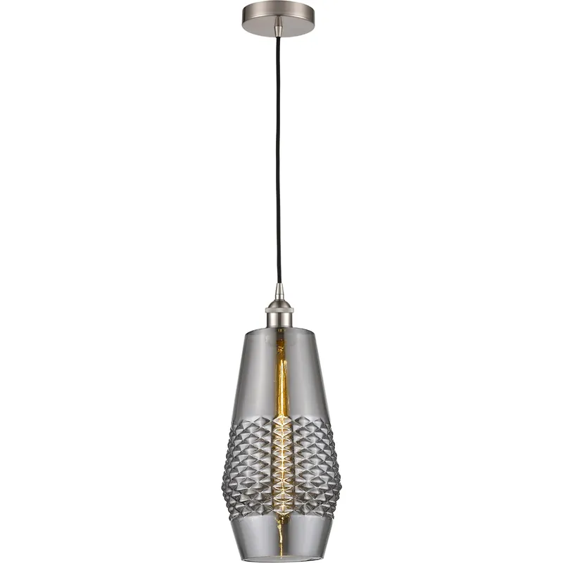 Bargain Edison Windham LED 7 inch Brushed Satin Nickel Mini Pendant Ceiling Light in Plated Smoke Glass