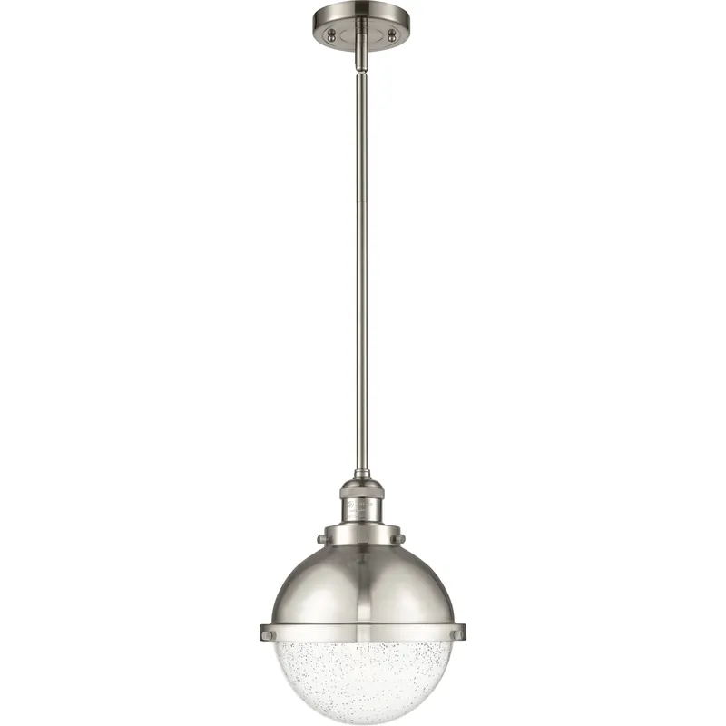 Worldwide Shipping Franklin Restoration Hampden 1 Light 9 inch Brushed Satin Nickel Mini Pendant Ceiling Light in Seedy Glass