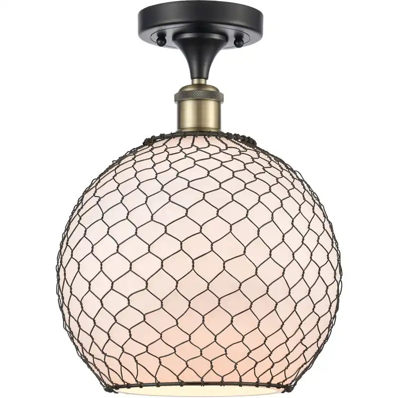 Free Returns Ballston Large Farmhouse Chicken Wire 1 Light 10 inch Black Antique Brass Semi-Flush Mount Ceiling Light, Ballston