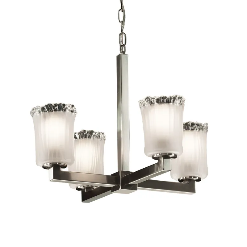 Next Day Delivery Veneto Luce 4 Light Brushed Nickel Chandelier Ceiling Light in White Frosted (Veneto Luce), Cylinder with Rippled Rim, Incandescent
