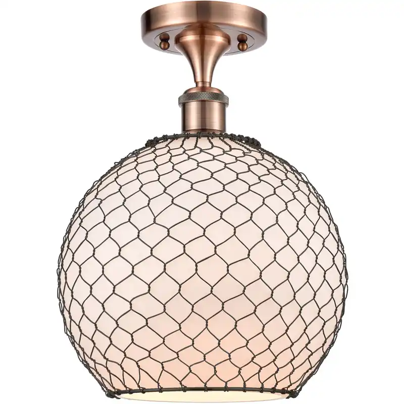 Ballston Large Farmhouse Chicken Wire LED 10 inch Antique Copper Semi-Flush Mount Ceiling Light, Ballston No Minimum Order