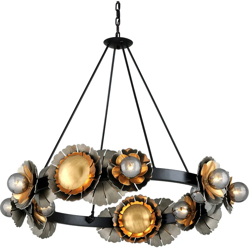 Buy Online Magic Garden 16 Light 46 inch Soft Black/Stria Silver Leaf/Old World Gold Leaf Chandelier Ceiling Light