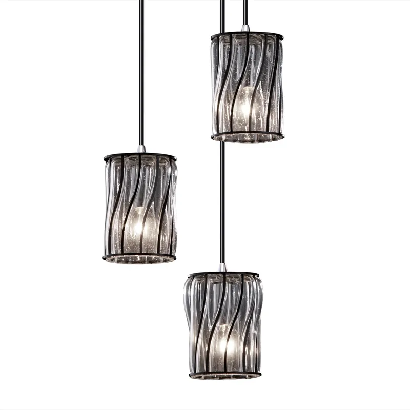 Wire Glass 3 Light Brushed Nickel Pendant Ceiling Light in Cord, Swirl with Clear Bubbles Best Seller