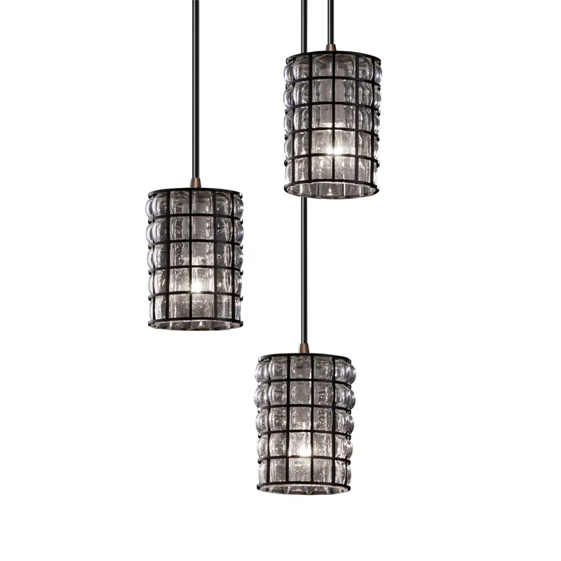 Professional Grade Wire Glass 3 Light 4 inch Dark Bronze Pendant Ceiling Light in Black Cord, Swirl with Clear Bubbles