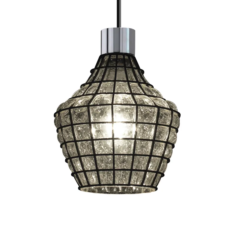Wire Glass 1 Light 14 inch Polished Chrome Pendant Ceiling Light in Black Cord, Grid with Clear Bubbles Affordable