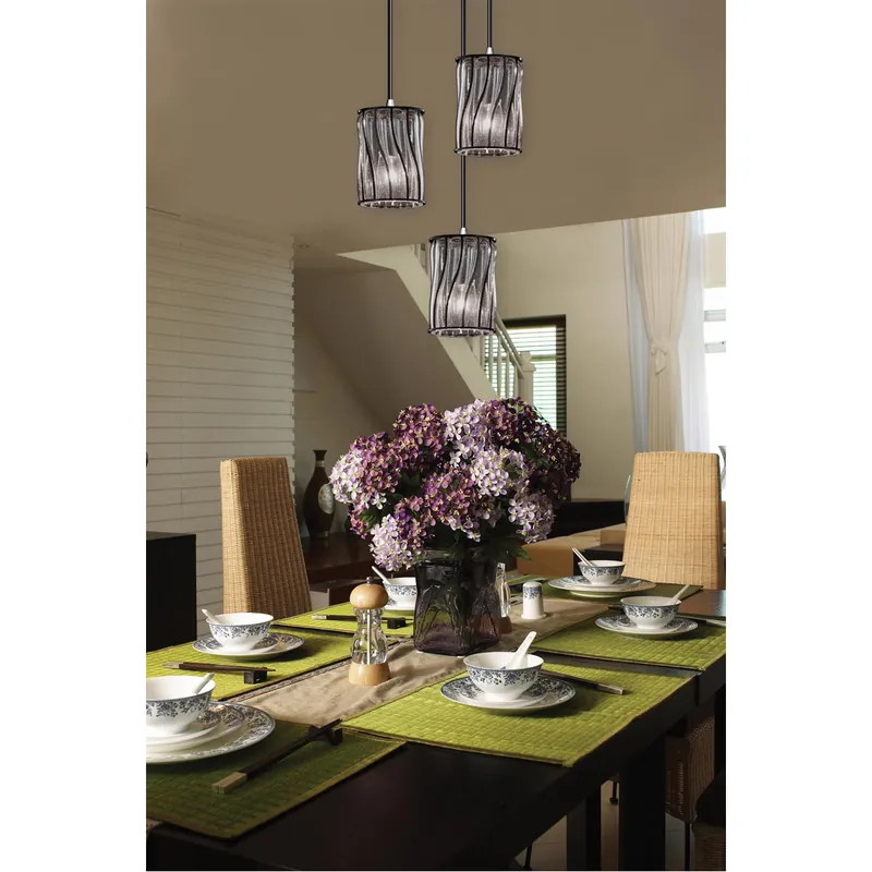 Super Sale Wire Glass 3 Light 4 inch Brushed Nickel Pendant Ceiling Light in Black Cord, Swirl with Clear Bubbles