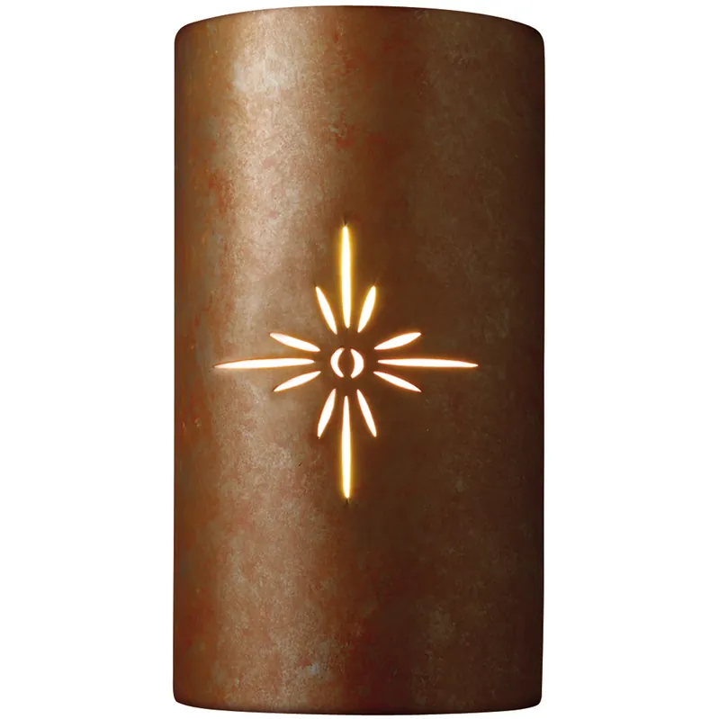 Next Day Delivery Sun Dagger Cylinder LED 8 inch Rust Patina Wall Sconce Wall Light in Sunburst, 2000 Lm LED, Large
