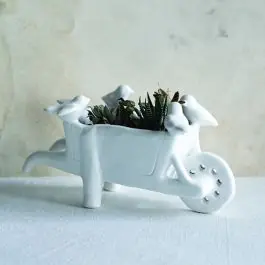Stoneware Wheelbarrow Decor With Birds Crafted