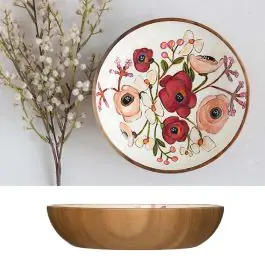 Enameled Flower Pattern Acacia Wood Bowl Express Delivery